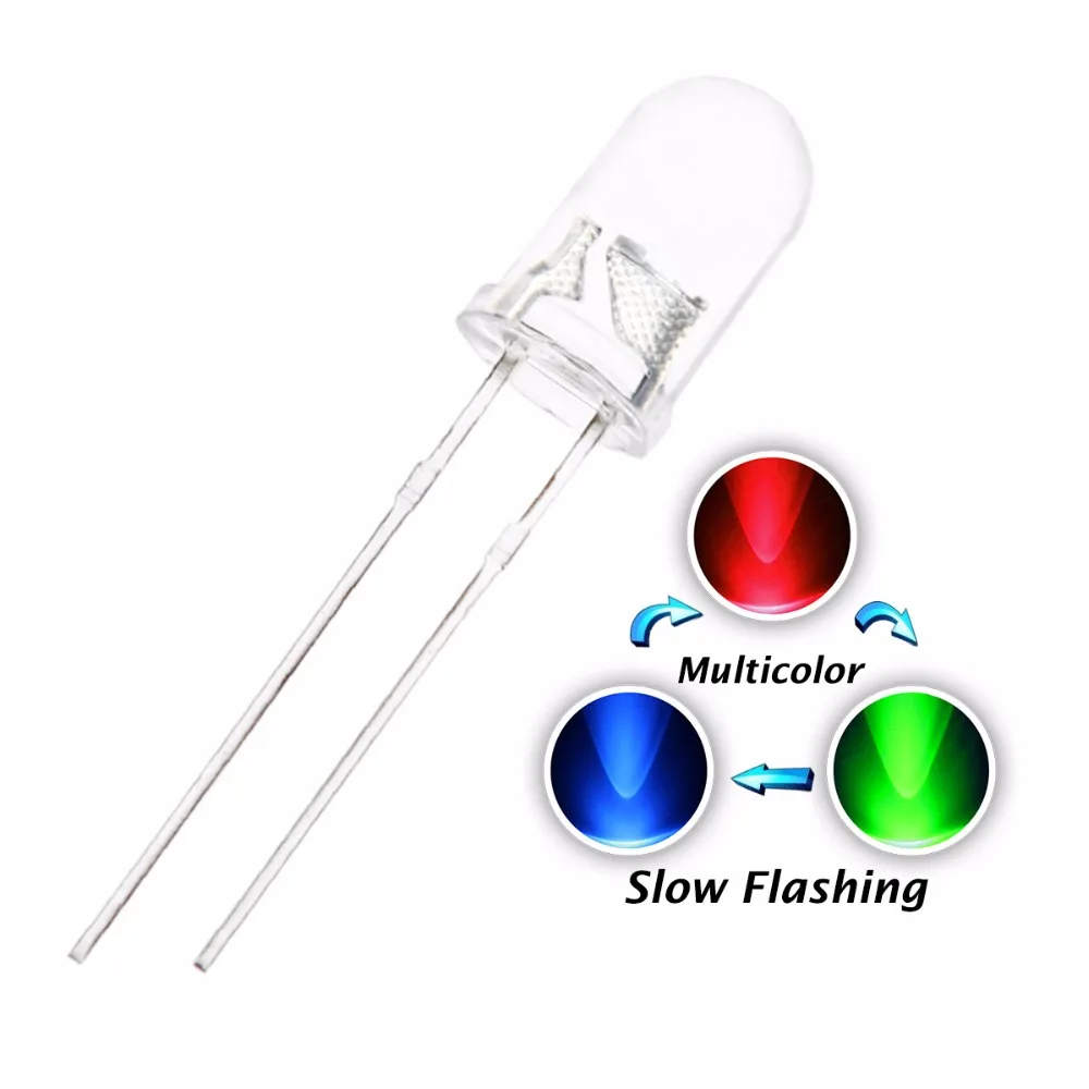 

100pcs 5mm/f5 RGB Slow Flashing LED Red Green Blue 3 Colors Changing Multicolor Flicker Water Clear Round Head Lamps Light Beads