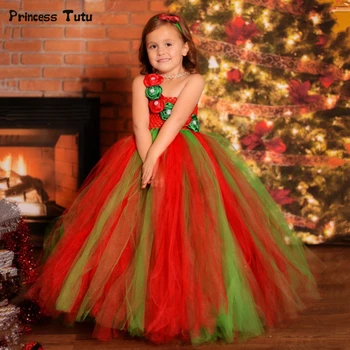 

Red Green Flower Girls Christmas Tutu Dress Clothes Children Tulle Dress Kids Christmas Costumes For Girls Party Ball Gown 1-14Y