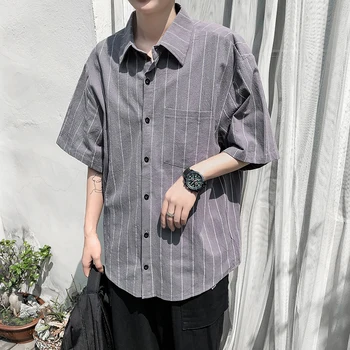

Summer New Dress Shirt Men's Fashion Striped Casual Shirt Man Streetwear Trend Wild Hip Hop Loose Seven-point Sleeve Shirt
