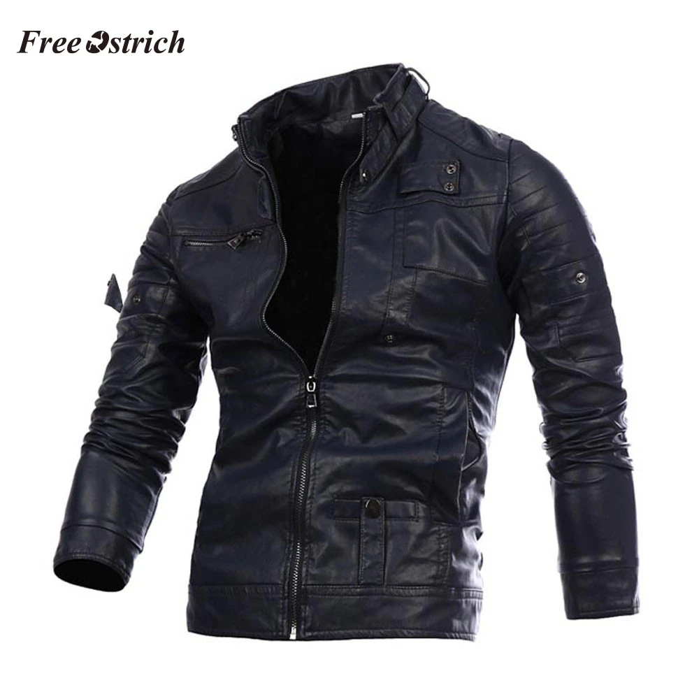 

Free Ostrich Men's Coats Multi-zipper Locomotive Leather Jacket For Men Biker Motorcycle Men's Jacket Outwear For Autumn Winter