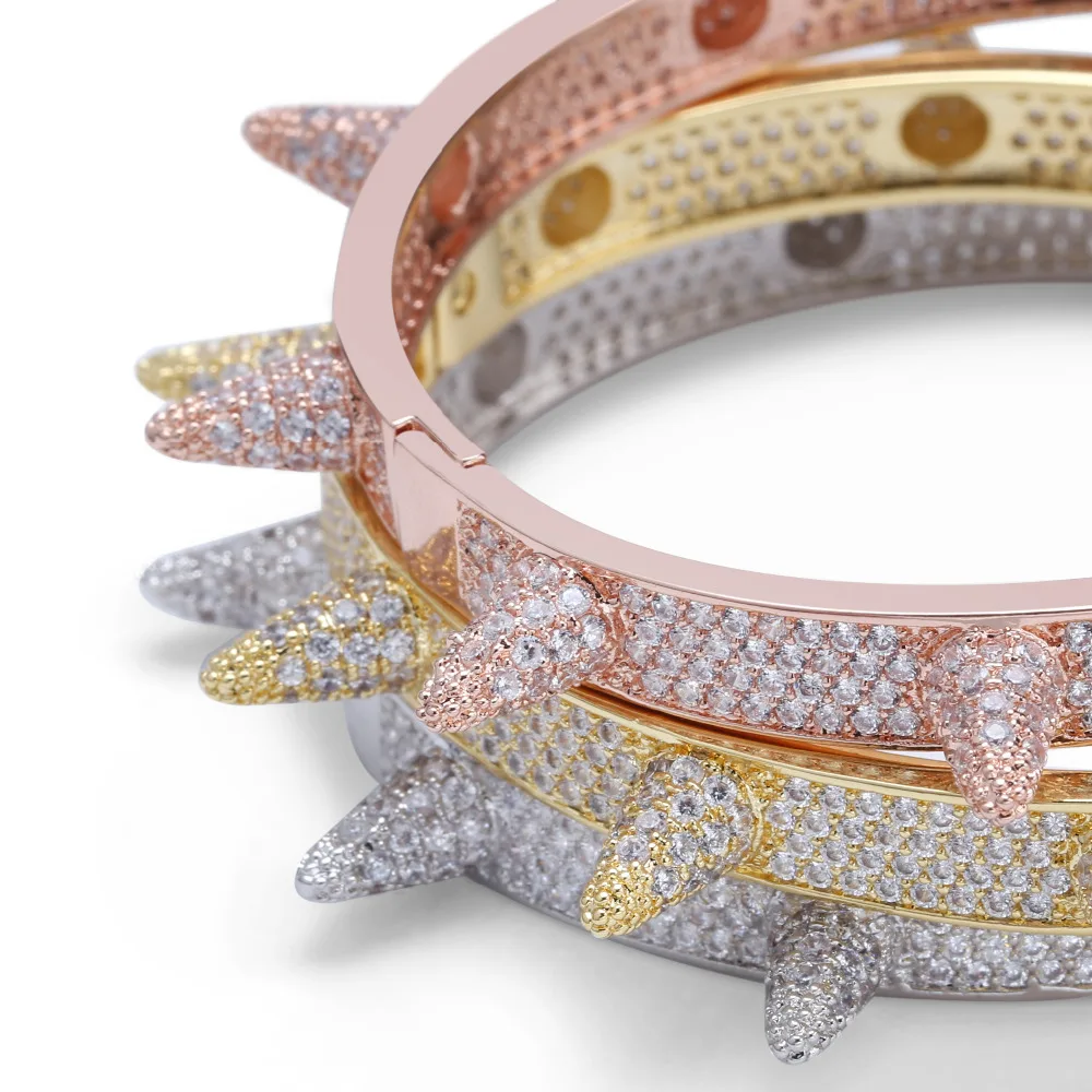 Luxury Iced Out Bling Cubic Zircon Hip Hop Rose Gold Silver Rivet Bracelets Spike Bangles Gifts for Men Women