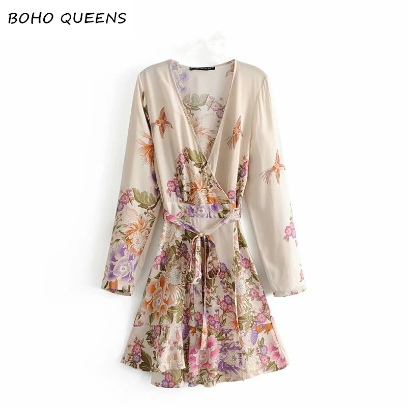 

Boho Chic women long sleeve Floral print cross v-neck beach Bohemian mini dress Ladies rayon vintage dress vestidos