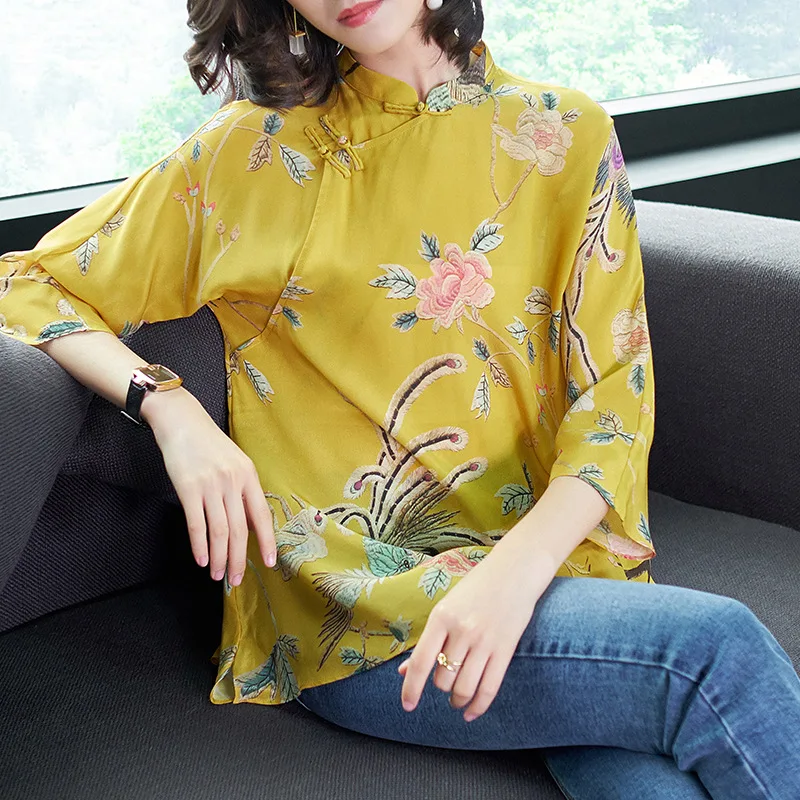 

Spring Women's Boutique Temperament Cheongsam Style Stand Collar Plate Buttons Print Silk Shirt Blouses Yellow