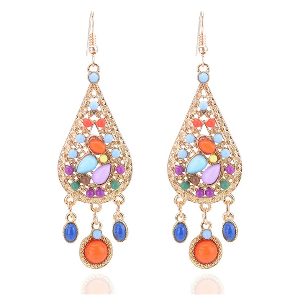 

ECODAY Colorful Resin Stones Vintage Earrings for Women Jewelry Dangle Earring Gold Color Long Earrings Pendientes