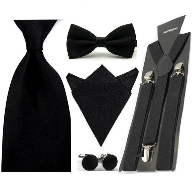  Mens Handkerchief Bowtie Ties Wedding Party Suspender Braces Cufflinks Set