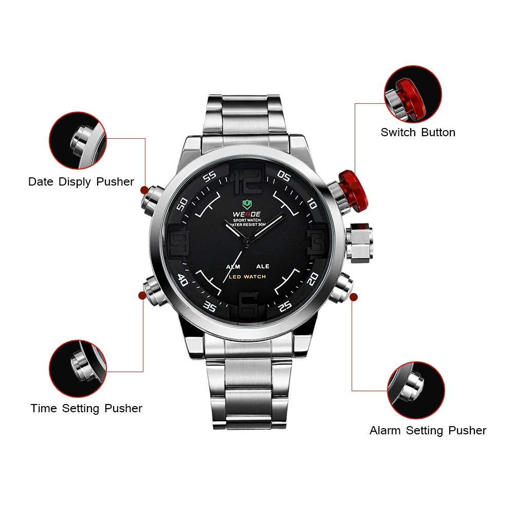 WEIDE мужские часы лучший бренд сигнализации роскошь Водонепроницаемый LED