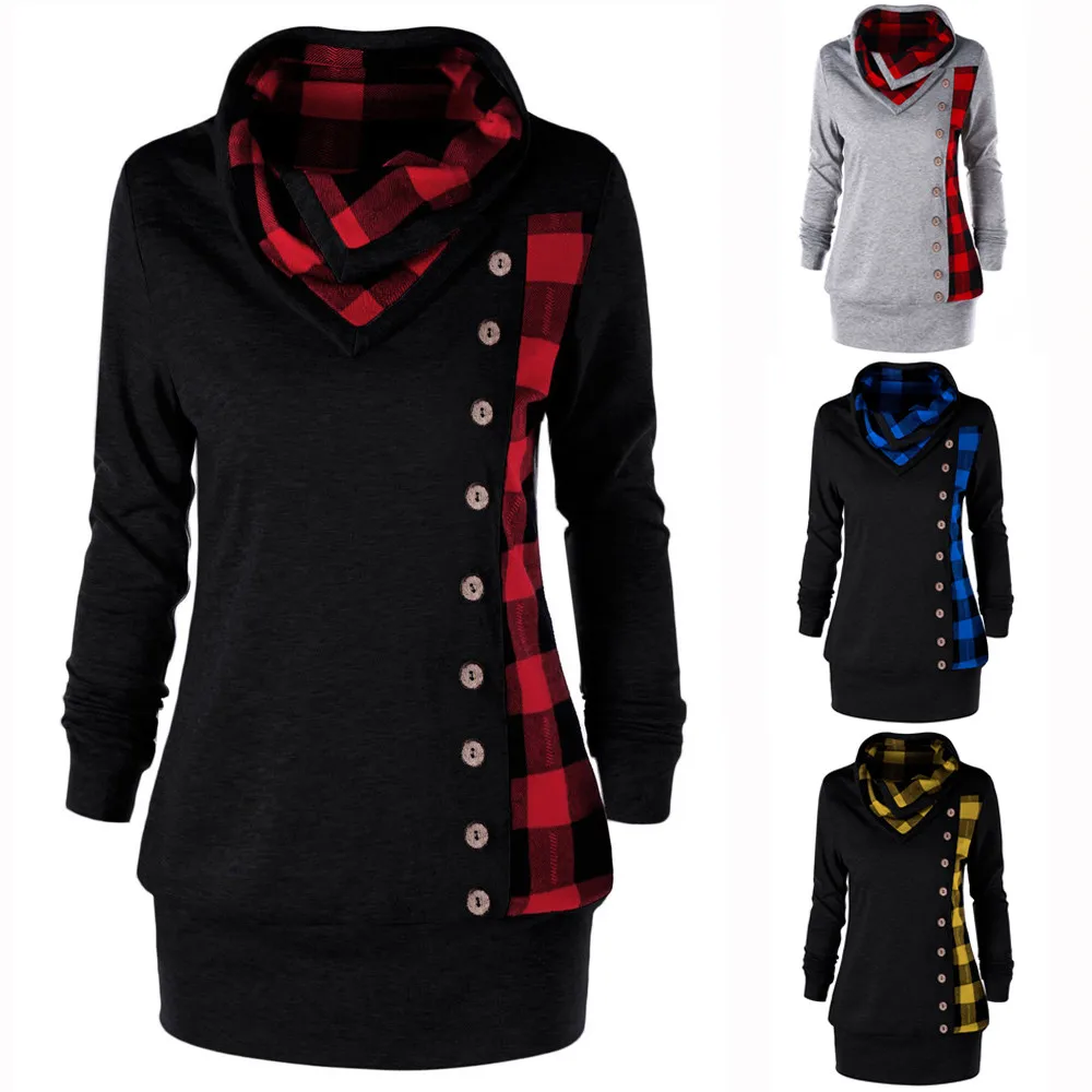 Осенне-зимняя Новая модная женская рубашка с отложным воротником, клетчатая Лоскутная рубашка с длинным рукавом,, пуловер, женские футболки