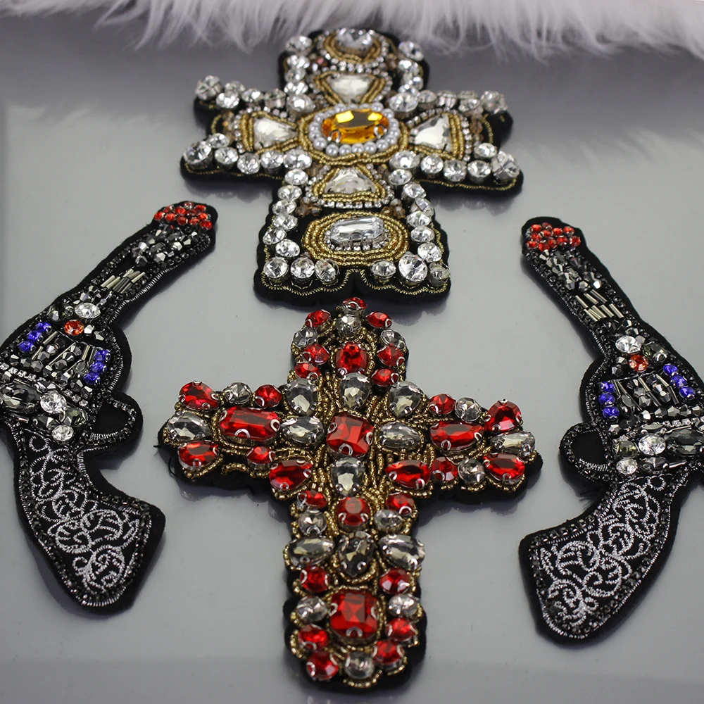 Beaded Cross Handmade Colorful Rhinestones Crystal Sword Patch Badge Applique