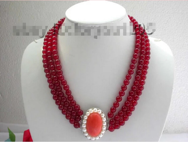 

shipping 22" 3rows Round Red Jade Necklace Carnelian Clasp!