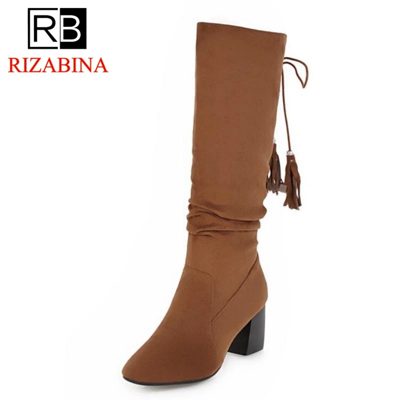 RizaBina/размер 34-43 новые женские сапоги на высоком толстом каблуке до середины икры