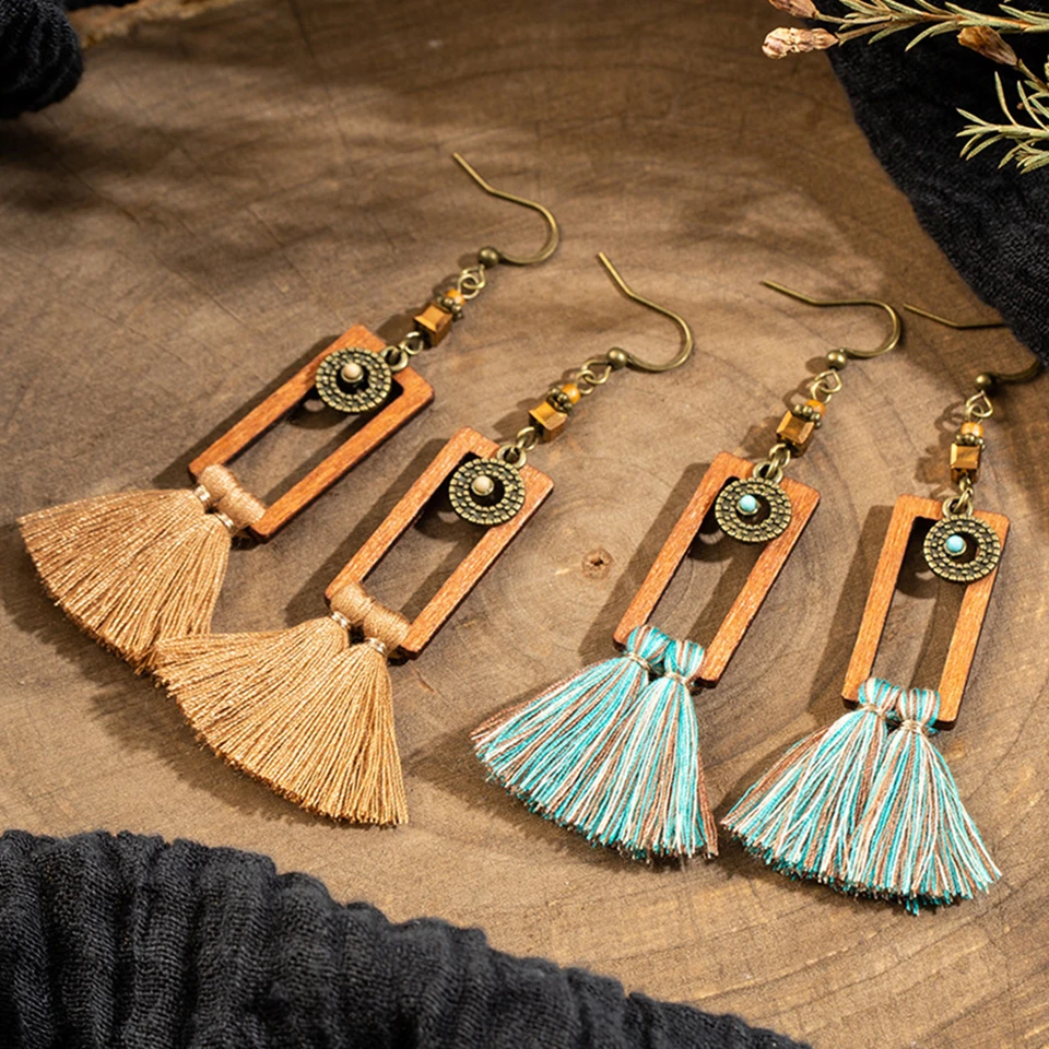 Этнические деревянные геометрические прямоугольные длинные висячие серьги с кисточками для женщин, очаровательные богемные серьги с двойной кисточкой