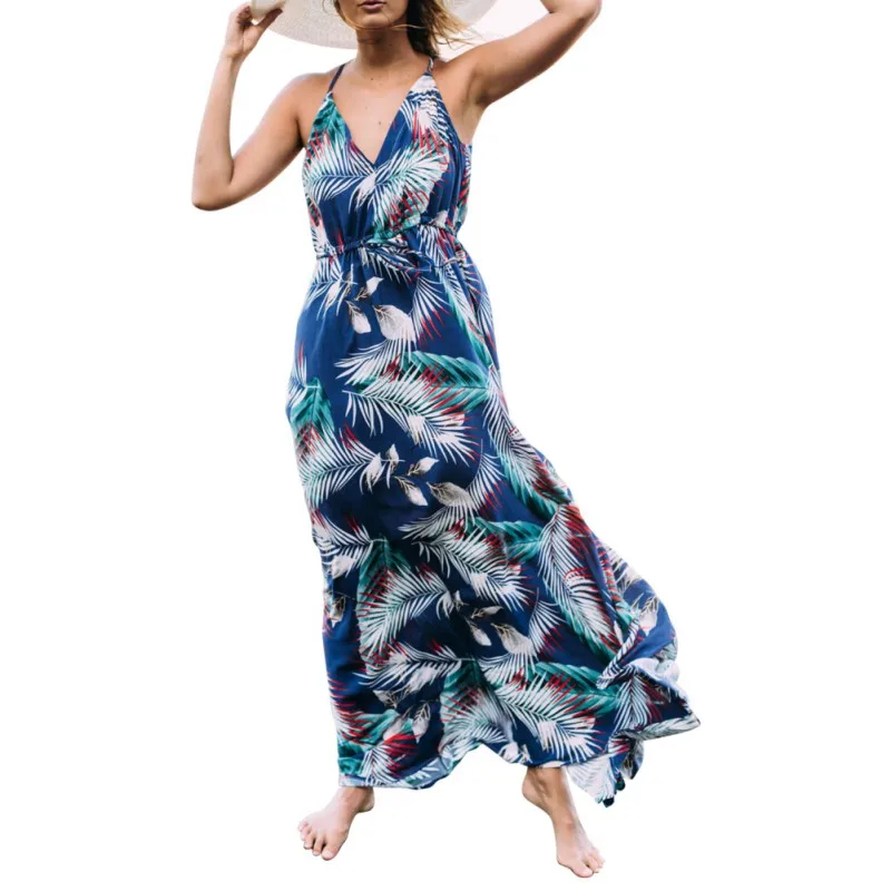 

Summer Women Casual Dresses Leaf Printed Sleeveless All-match Beach Long Maxi Dress Sexy V Neck Vestidos