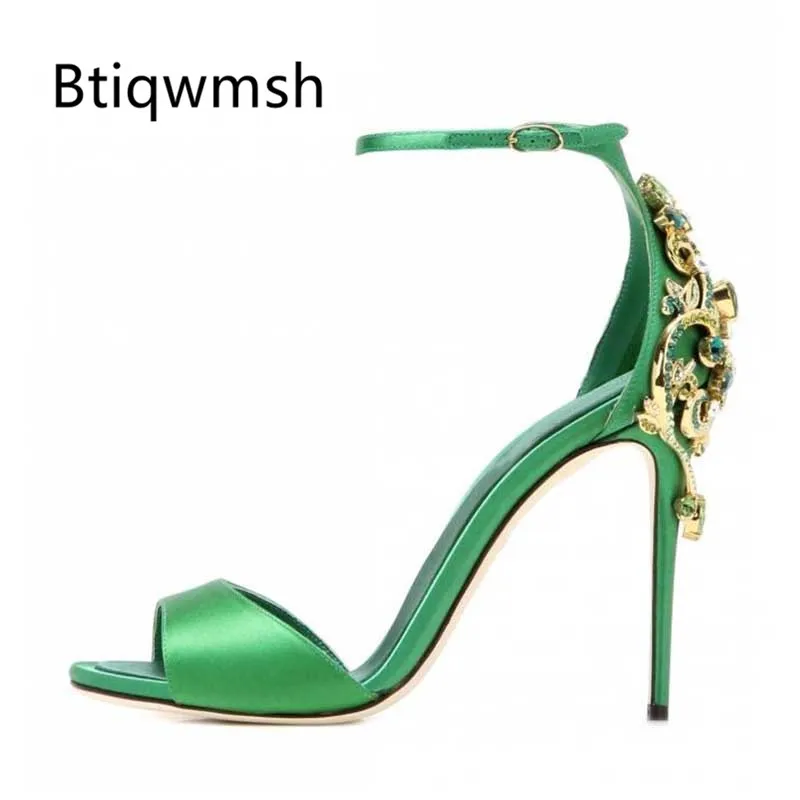 2019 Luxury Satin Gladiator Sandals Woman Peep Toe Green Rhinestone Flower High Heel Shoes Women Sexy Party | Обувь
