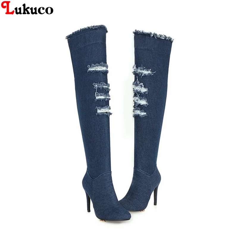 

Winter Knee High Denim Boots Large Size 39 40 41 42 43 44 45 46 47 48 Pointed Toe High Quality Handmade Short Plush Pumps Women