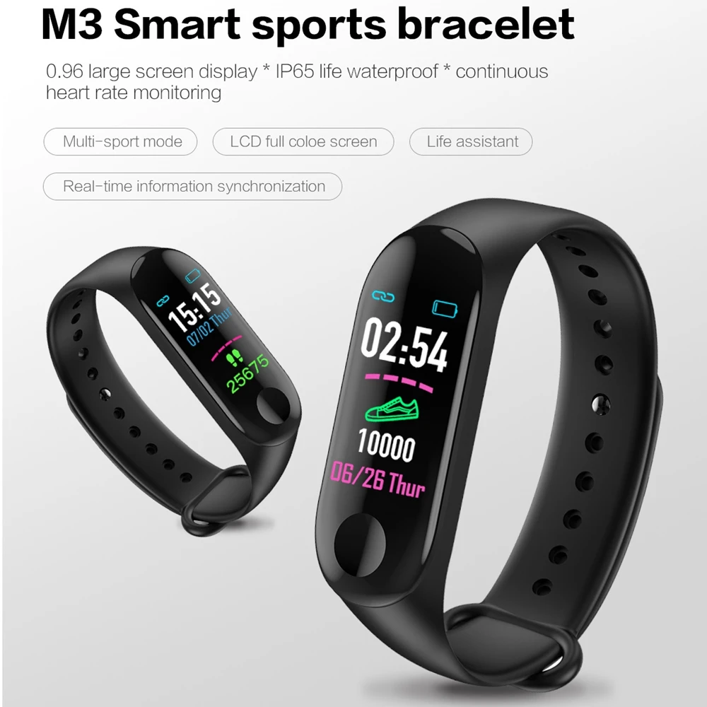 M3 Smart Watch Heart Rate Blood Pressure Color Screen Sports Step Bluetooth Bracelet IP65 Waterproof Watch Connect Android iOS
