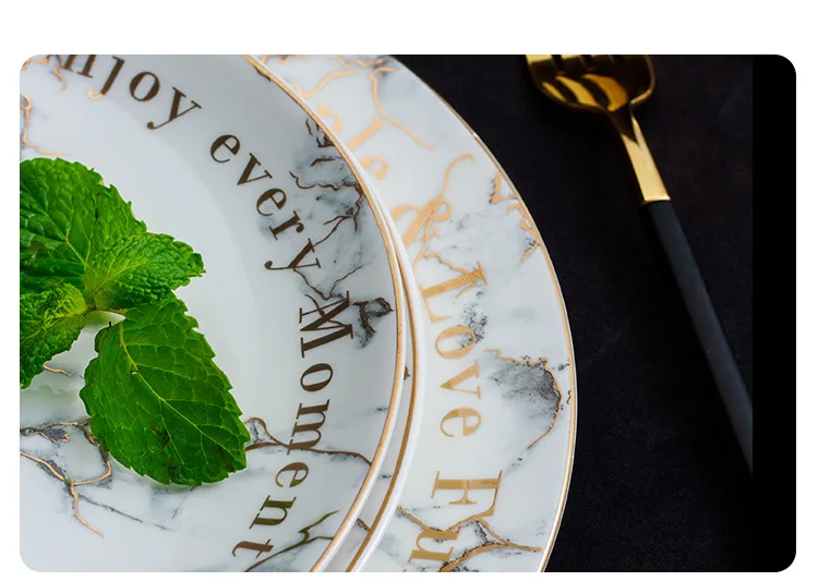 Marble Texture Inlaid with Gold Edge Ceramic Plate Disk Flat Dish Customized Wholesale Loucas Porcelana Dishes and Plates Sets 