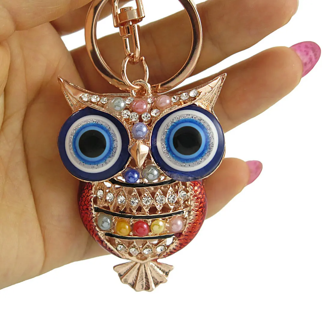

Evil Eye Owl Charm Keychain Colorful Crystal Beads Keyring Lobster Claw Clasp Gold Rhodium Alloy Car Keychain Lucky Gifts