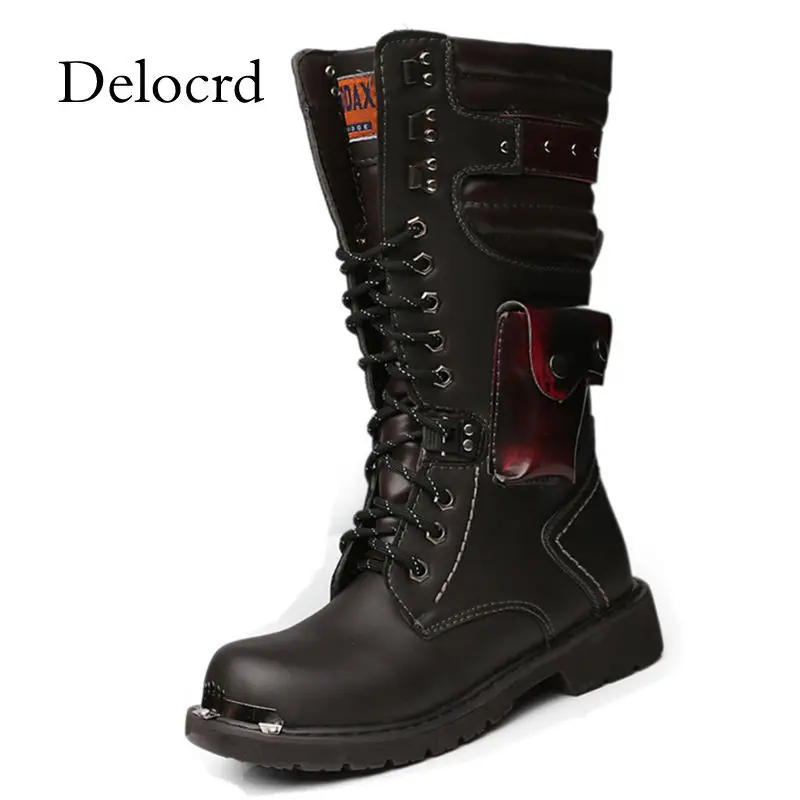 

Men Leather Long Boots Motorcycle Men Knee High Boots Riding Army Combat Boots Military High Shoes Autumn W