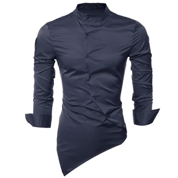 

MK Fashion Men Shirts 2020 New Mandarin Collar Long Sleeve Irregular Hem Tops Dress Shirt Casual Silk Like Solid Male Shirts