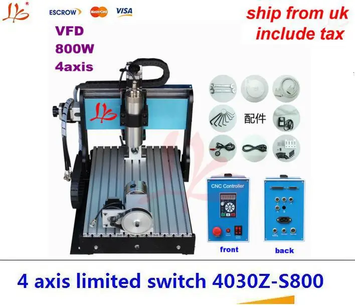 

Free Shipping From UK, No Tax! 800W 4 Axis limit switch CNC 3040 Z-S engraving machine 3040Z-S engraver,milling machine