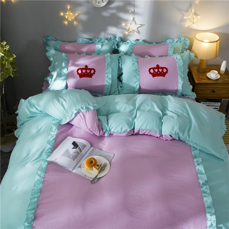 cheap Princess Pleated Lace Luxury Bedding Set Queen King Soft Bed Skirt Duvet Cover Set with Pillowcases 4pcs Bed Set Children #039;s Home