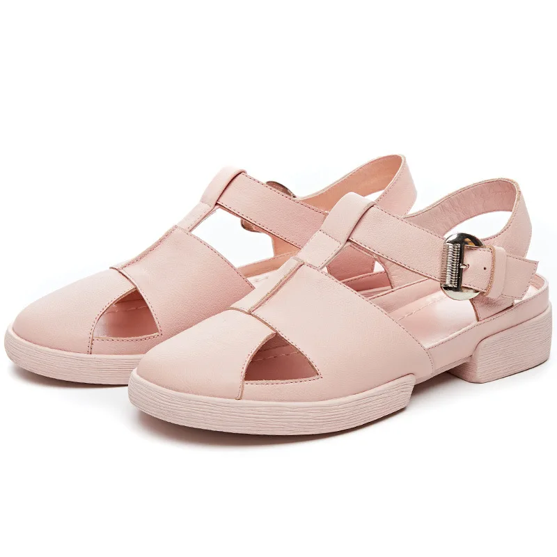 

Sandals Female Summer Leather flat bottom Comfortable With Sports Leisure Beach Shoes 2019 New Fashion Pure Leather Roman Shoes
