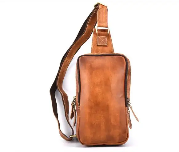 

Retro Vegetable Tanned Genuine Leather Men Chest Bags Pack Crossbody Shoulder Messenger Bag Travel Double Zipper Bags #L9040
