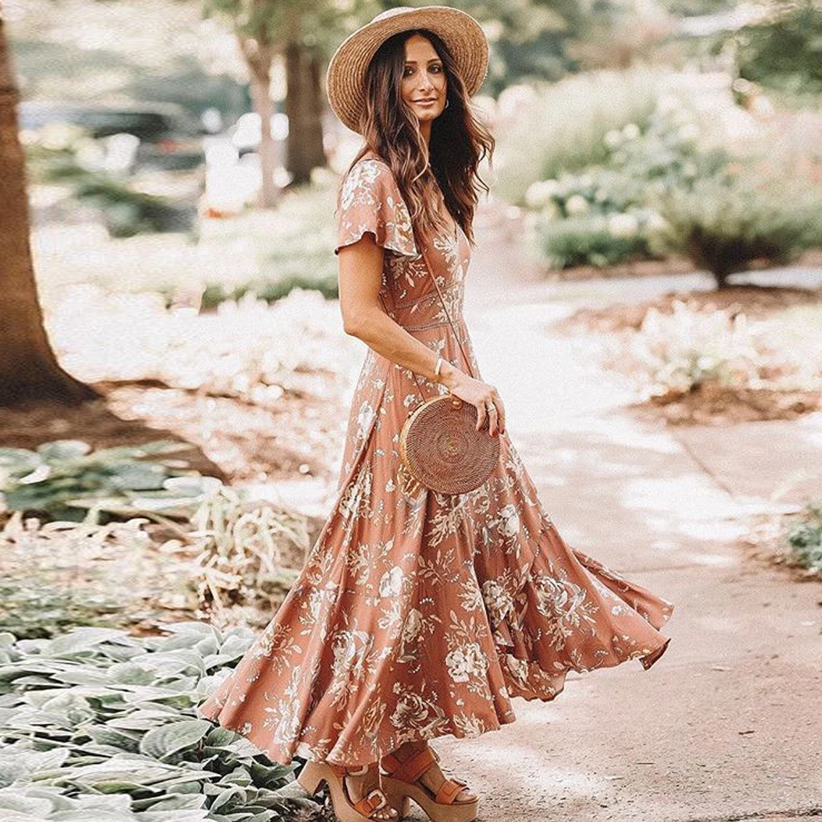 Beste Jastie Rose Garden Party dress Lace V hals Flutter Mouw Zomer Jurken Boho Chic Asymmetrische Zoom Strand Jurk Vrouwen Vestidos