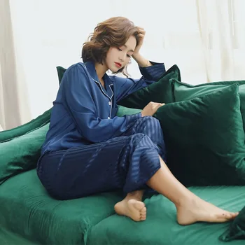 

Womens Lace Silk Sleepwear Pajamas Sets Satin Spring Autumn Long-sleeved Pyjama Leisure Loungewear Navy Blue Set All Seasons