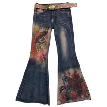 

2020 spring autumn jeans women skinny drilling fashion peacock printing painted flare jeans