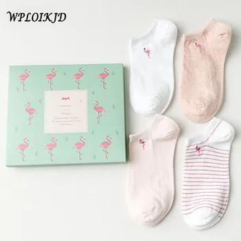 

[WPLOIKJD]4 Pair Bird Socks Women Reathable Broidery Comfort Antiskid Meias Slippers Ship Ankle Socks