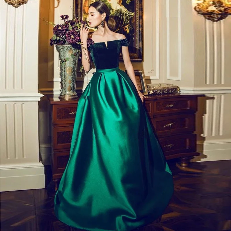 

robe de soriee 2019 Green Long Maxi Party Dresses Off Shoulder Velvet Top Satin Prom Formal Gowns Elegant Lace up Back Vestidos