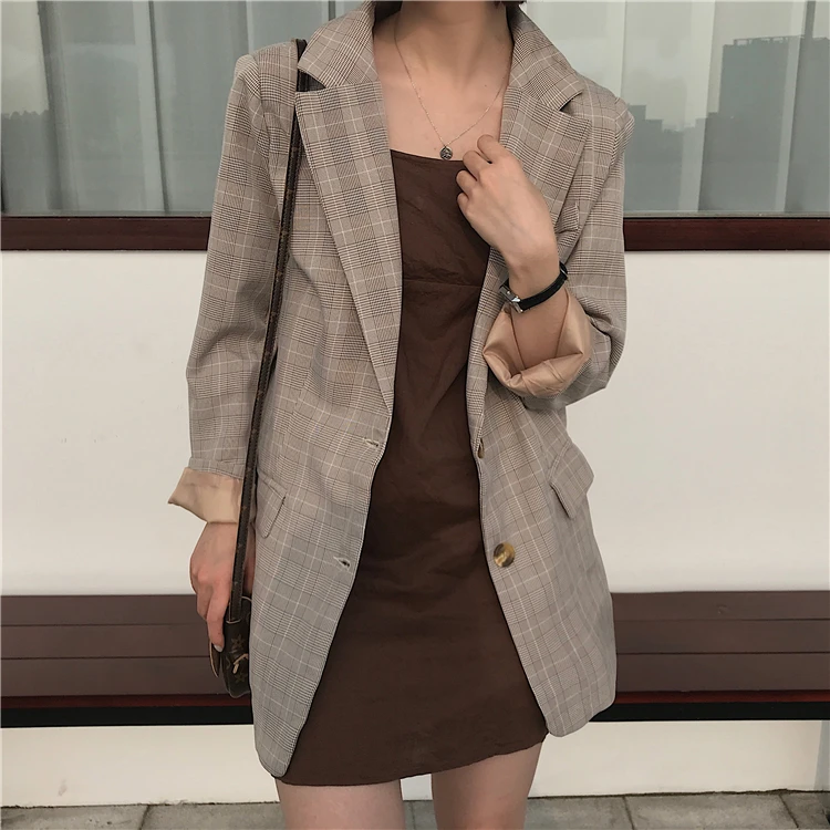 

Women Blazer Vintage Notched Bouble Breasted Plaid Spring Autumn Jackets Female Retro Suits Coat 2019 Work Lady high quality