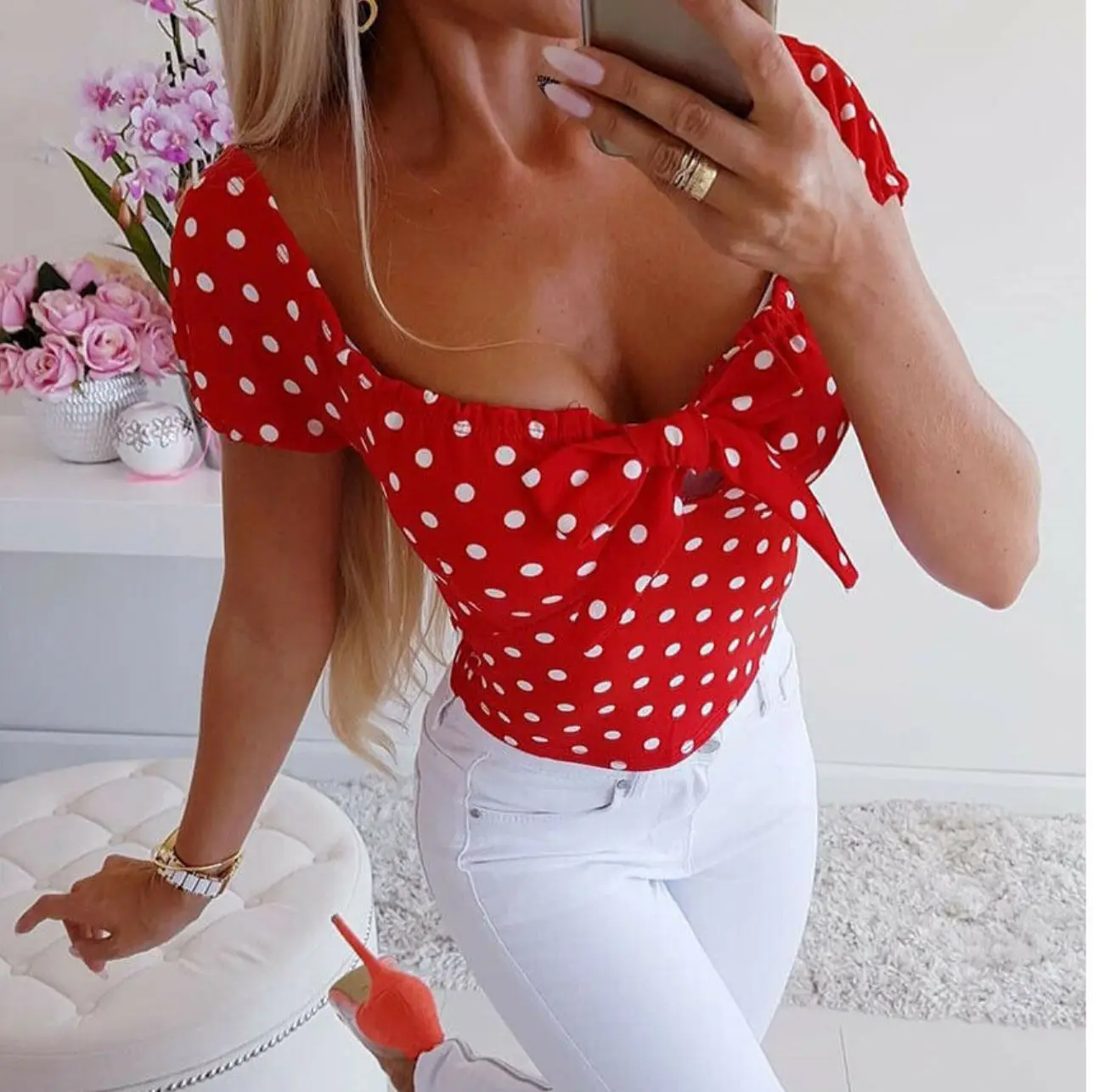 مثير المرأة بوهو نقطة طباعة كشكش قصيرة الأكمام قميص Bowknot ضمادة ضئيلة بلوزة أزياء السيدات الصيف عارضة قمم بلوزة S-XL