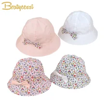 Flower Print Cotton Baby Summer Hat with Bow White Pink Kids Girl Summer Cap Double Sides