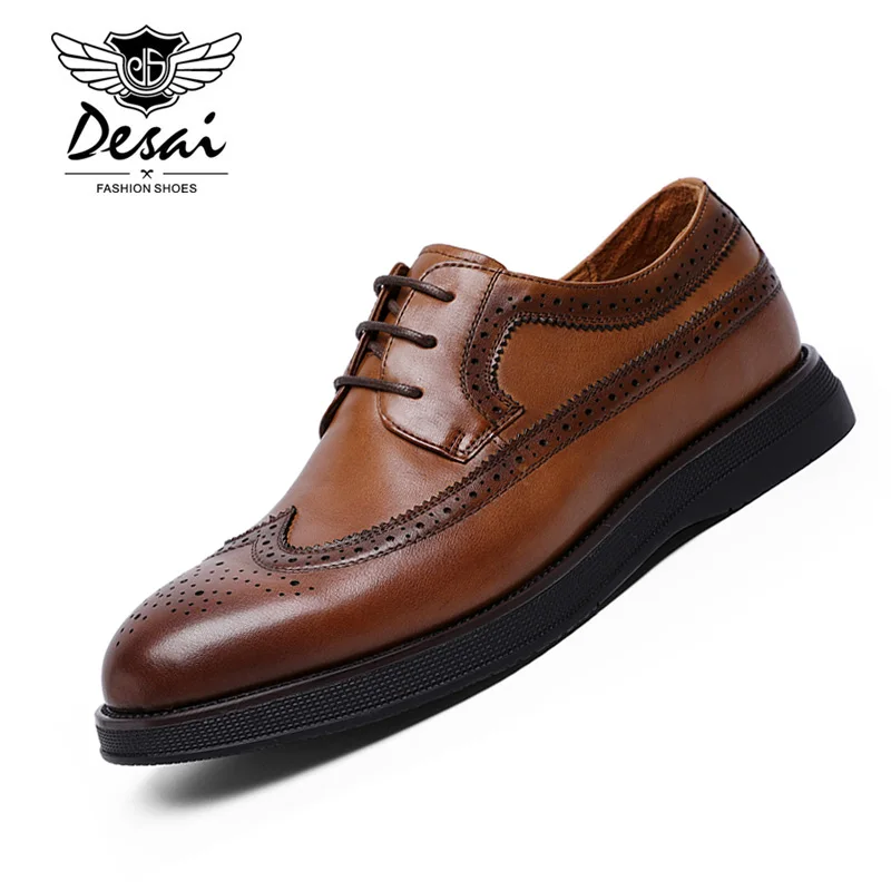 DESAI 2019 Men's Casual Shoes Genuine Leather Brock Carved Hollow Retro Breathable Formal Shoes Men EUR Size 38-44