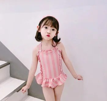 

Baby Girls Pink Striped Swim 2019 Girls Beach Swimsuit Kids One-Pieces Ruffles Swimwear Summer For Girls