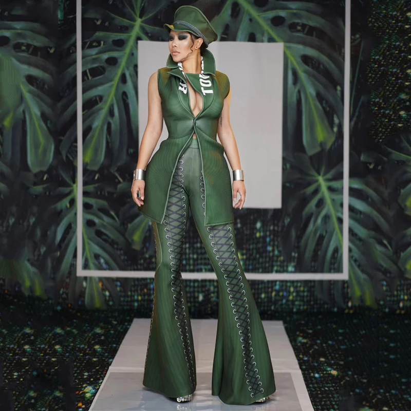 Roupa Feminina, женский костюм для ночного клуба, зеленый костюм для тела, спандекс, косплей, солдат, одежда для вечеринок, костюм для выступлений