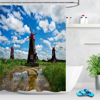 

LB Blue Sky White Clouds Red Brown Dutch windmill Tower Bathroom Waterproof Shower Curtain 12 Hooks Sets Polyester Cloth Fabric