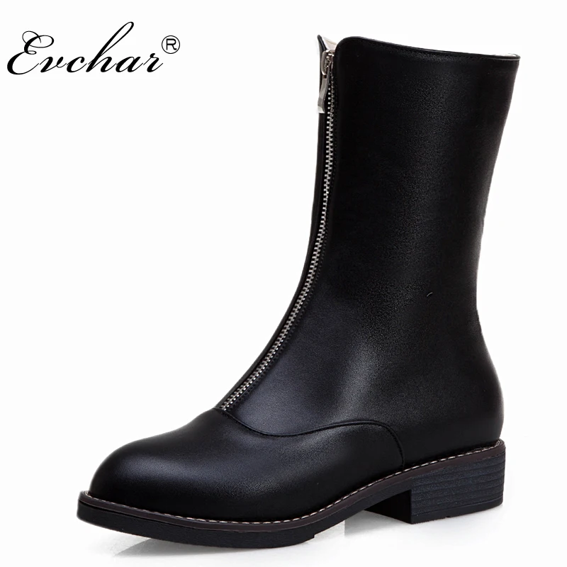EVCHAR/Новые модные ботинки женская обувь с круглым носком на молнии Модные осенние ботинки в западном стиле женская обувь до середины икры на среднем каблуке размеры 34-43
