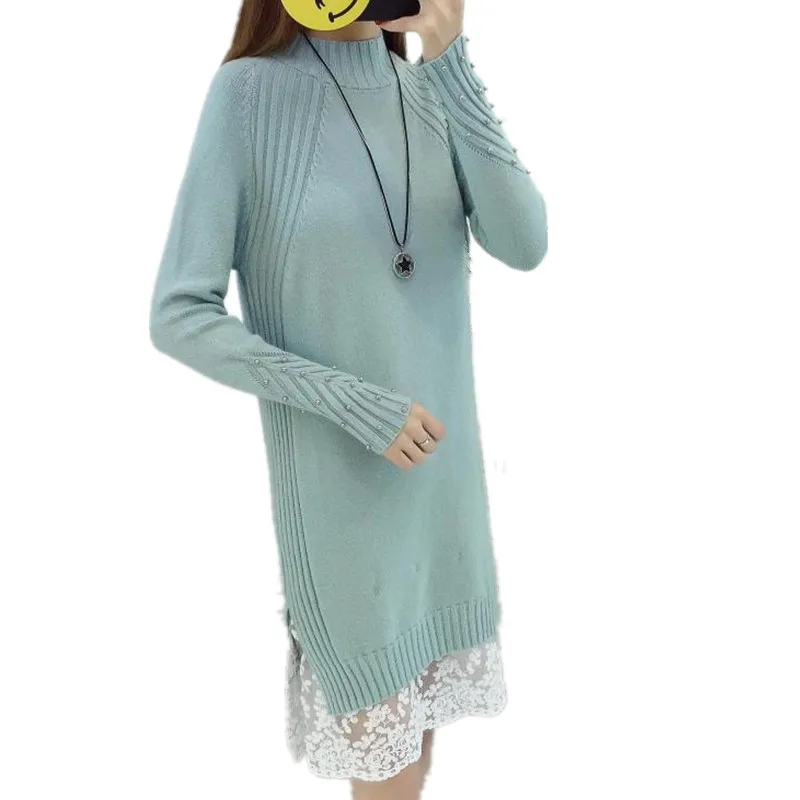 2017 Soft Warm Long knitted Sweater Women Casual Preppy Ruffle Lace