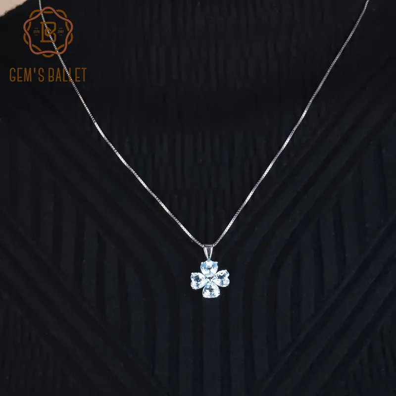 

Gem's Ballet Brand Fine Jewelry 3.31Ct Natural Sky Blue Topaz 925 Sterling Silver Clover Necklaces & Pendants For Women