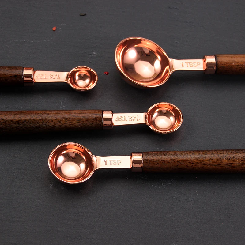 Набор из 4 медных мерных ложек, покрытая медью высококачественная нержавеющая сталь с деревянными ручками/розовое золото
