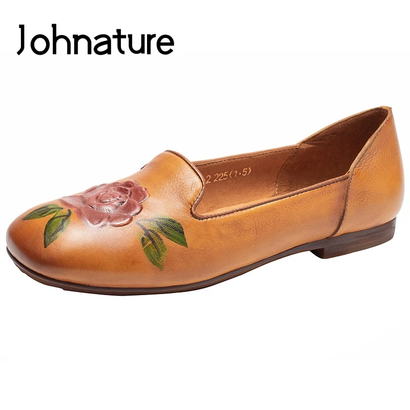 

Johnature 2019 New Spring/Autumn Genuine Leather Casual Loafers Round Toe Retro Shallow Flower Slip-on Flat Women Shoes