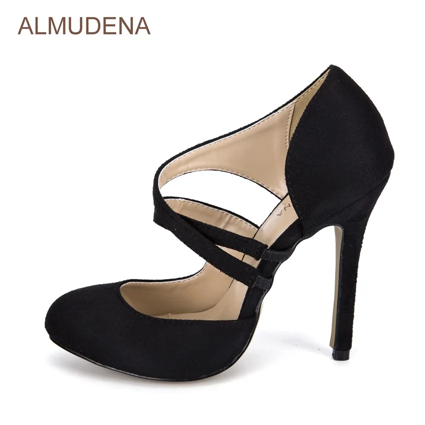 

ALMUDENA Luxurious Brand Black Suede Dress High Heel Pumps Stiletto Heel Cross Strappy New Year Party Shoes Shallow Cut-out Pump