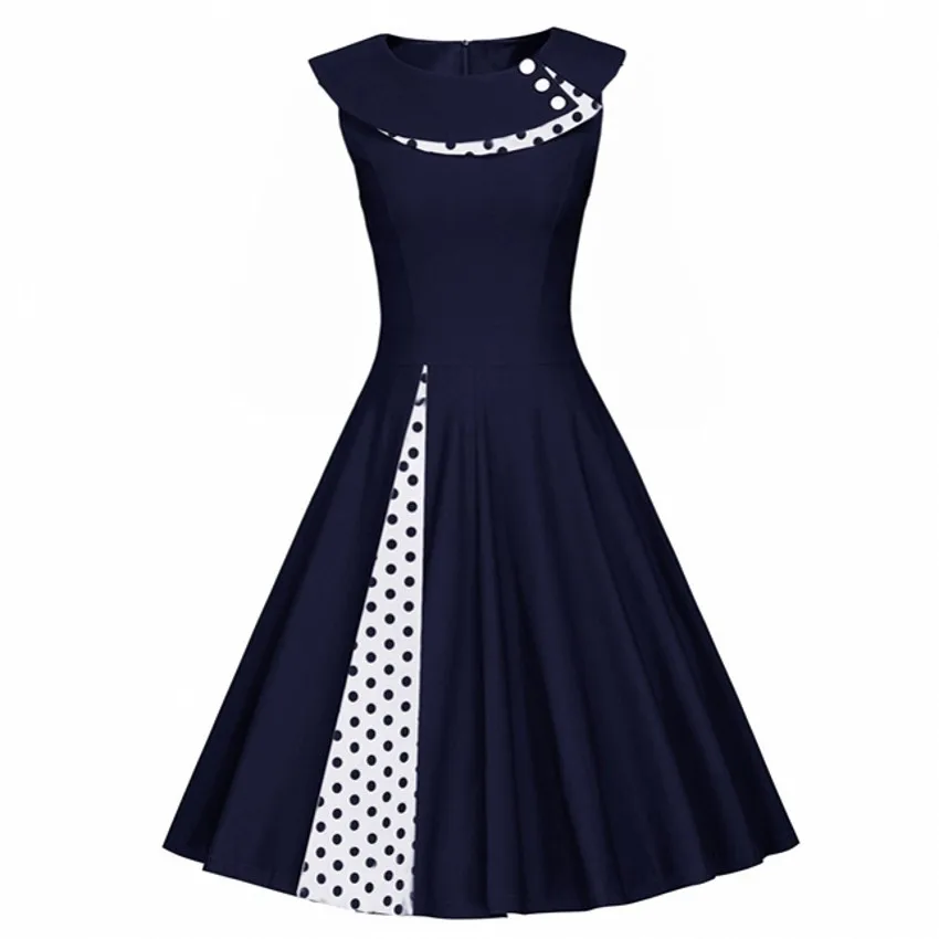 Платье в стиле Одри Хепберн, летнее Повседневное платье в горошек в стиле ретро, без рукавов, женские элегантные офисные платья - Цвет: Тёмно-синий