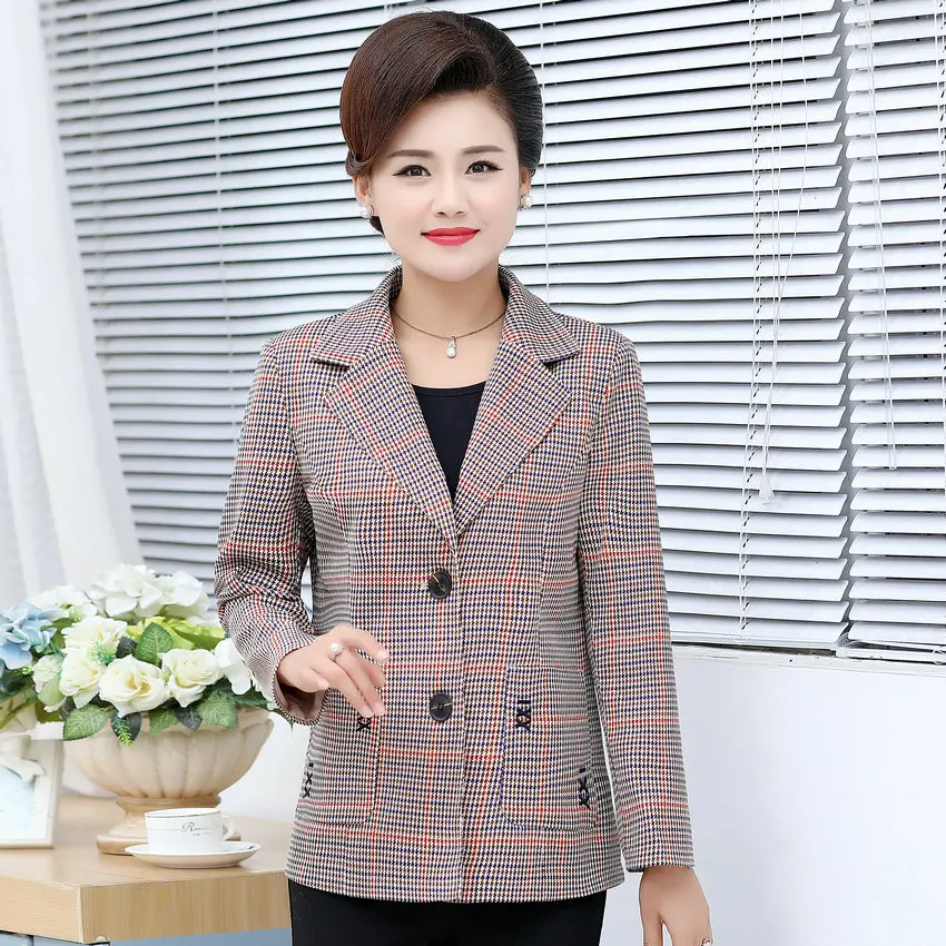 Small Plaid Pattern Blazer Middle Aged Woman Khaki Orange Gray Check Jackets Suits Women Elegant Blazers Mother Clothings 4XL XL