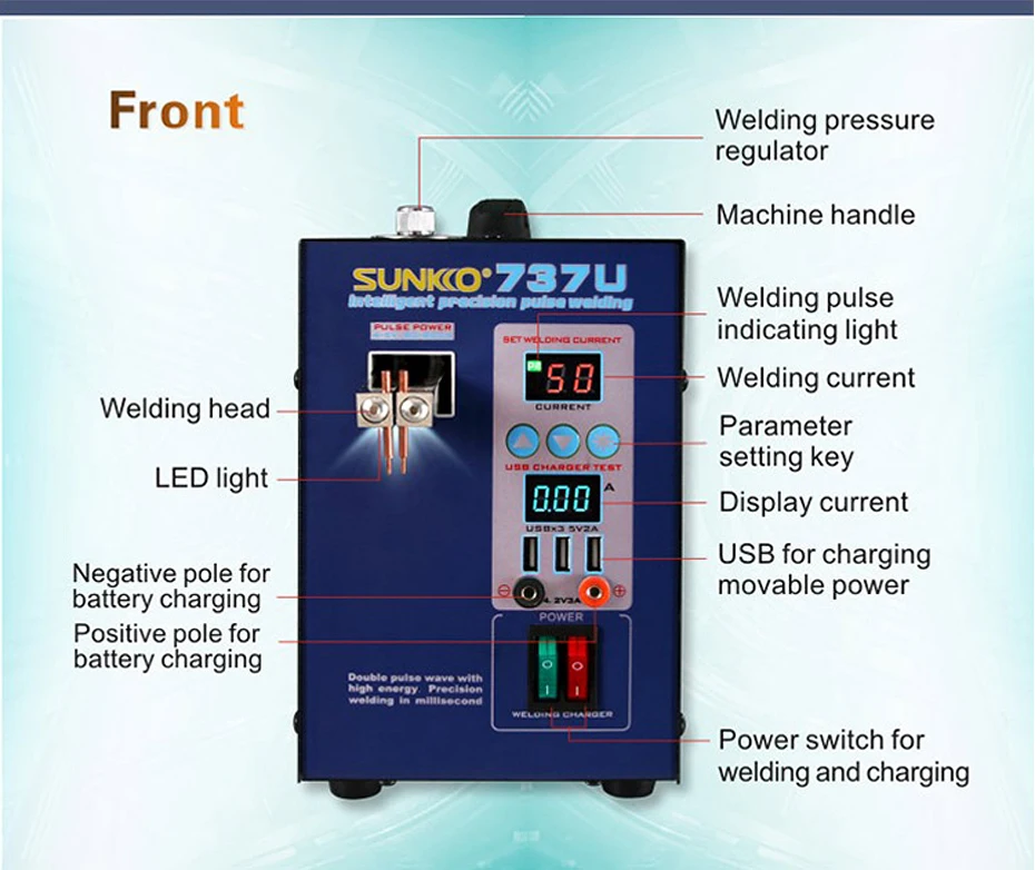 SUNKKO 737U Аккумуляторный аппарат для точечной сварки 2.8kw светодиодный точечная Импульсная Сварка машина с usb-зарядкой тестирование для 18650