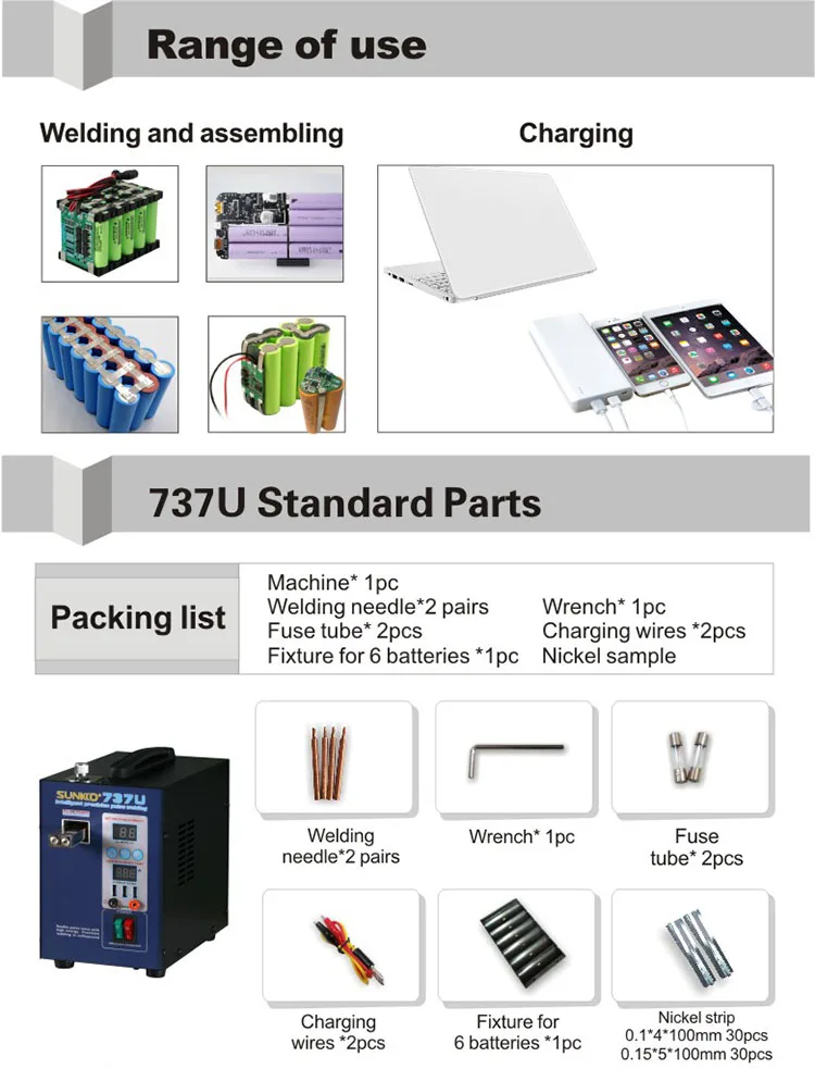 SUNKKO 737U точечная сварка 18650 литиевая батарея, тестирование и зарядка для литиевой батареи, 3 USB порта для выхода
