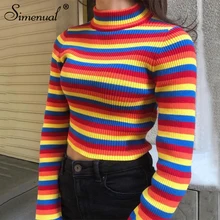 Simenual tęczowe paski sweter jumper dzianina 2021 moda slim sexy kobiet golfy swetry i swetry kolorowe pull